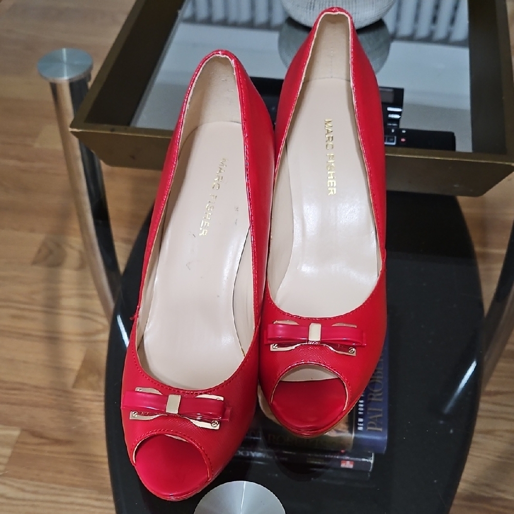 Marc Fisher Red Bow Peep-Toe Heels